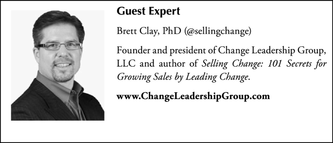A box contains the professional biography of the guess expert named Brett Clay, along with his photograph. He is the founder and president of the Change Leadership Group. A website link for the Change Leadership Group is mentioned at the bottom.