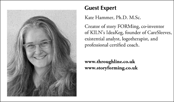 A box contains the photo and professional biography of a guest expert Kate Hammer. She is the creator of storyforming, co-inventor of KILN's IdeaKeg, founder of CareSleeves, existential analyst, logotherpaist, and professional certified coach. Her websites are provided below.