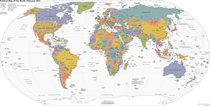 A world map titled political map of the world February 2021. It highlights the national capital and other capital.