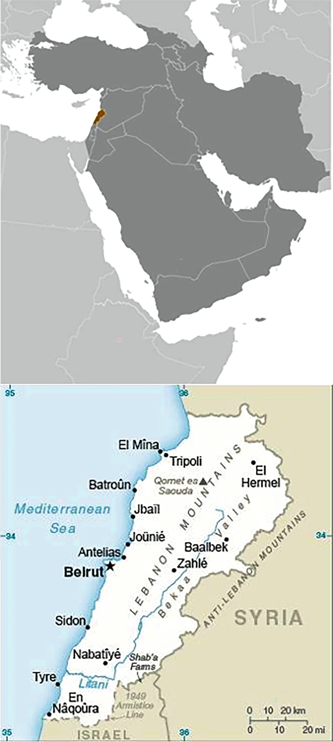 2 maps. 1. A map of the Middle East highlighting Lebanon. 2. A map of Lebanon. It marks major locations. Some markings read Tripoli, Beirut, and Tyre.