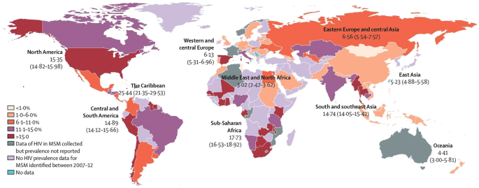 A geographical global map shaded in different colors labeled less than 1%, 1 to 6%, 6.1 to 11%, 11.1 to 15%, greater than 15%, data of H IV in M S M collected but prevalence not reported, no H I V prevalence data for M S M identified between 2007 to 12 and no data.