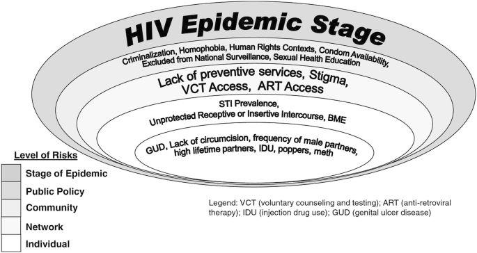 An ecological model diagram depicts factors influencing the H I V Epidemic Stage, categorized into individual, community, network, and public policy levels. It represents how criminalization, homophobia, human rights contexts, condom availability, sexual health education, stigma, S T I prevalence, and drug use impact H I V prevention, testing, and access to treatment.