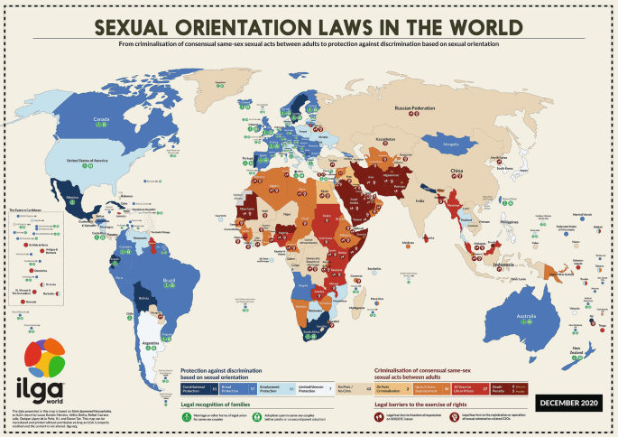 A geographical map by I L G A World depicts sexual orientation laws worldwide, using different colors to indicate the level of legal protections for L G B T Q + individuals, ranging from the criminalization of same-sex acts to protection against discrimination.