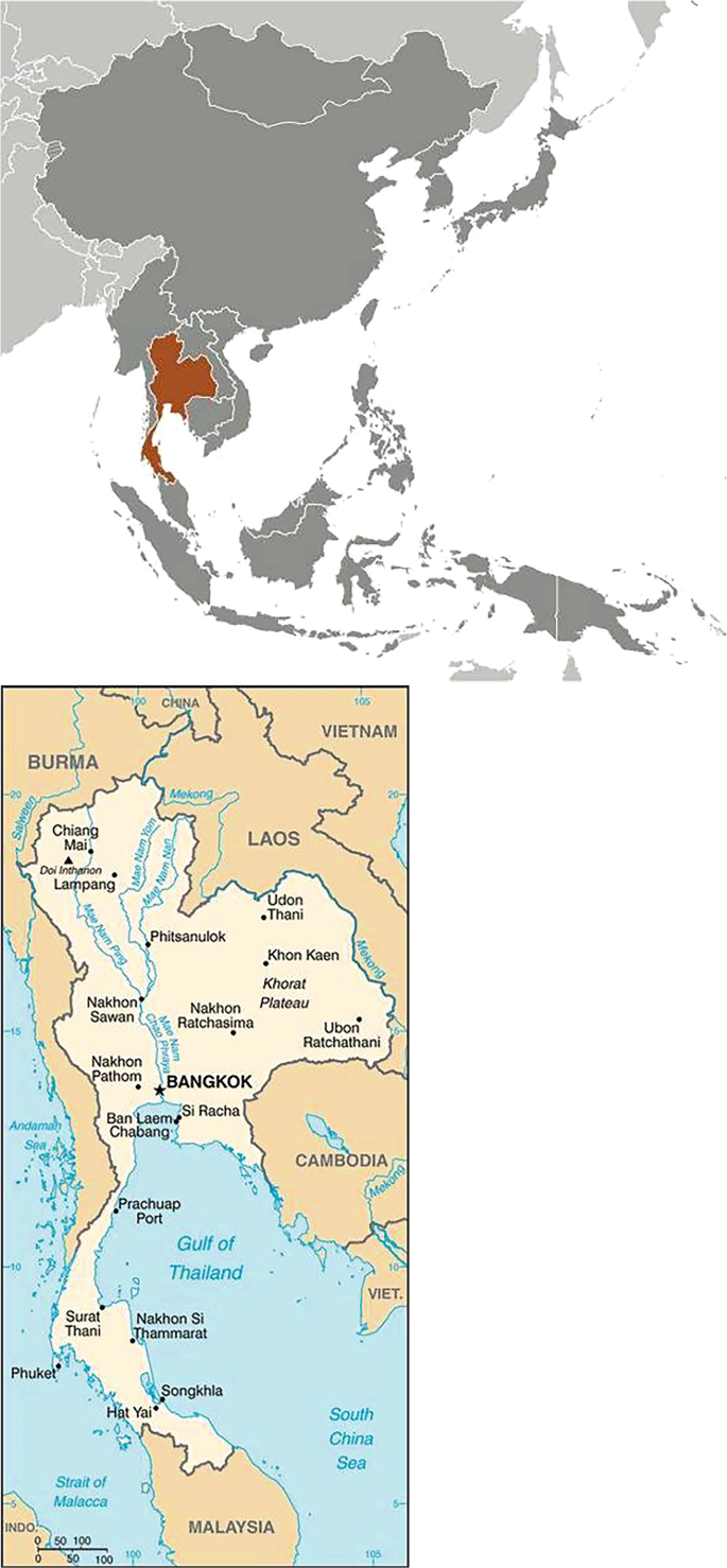A geographical map is shaded in dark color. On the right side a Bangkok map is surrounded by other cities is illustrated.