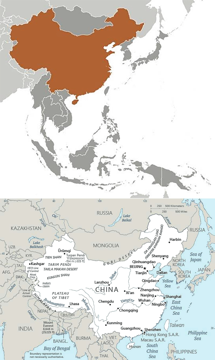 2 maps of China. The first map of China focuses on the borders of China and its neighbors. The second map of China has locations of the major cities. The major cities are Urumqi and Kashgar in northwest, Kunming, Guangzhou, and Shenzhen in the south, and Harbin and Shenyang in the east.