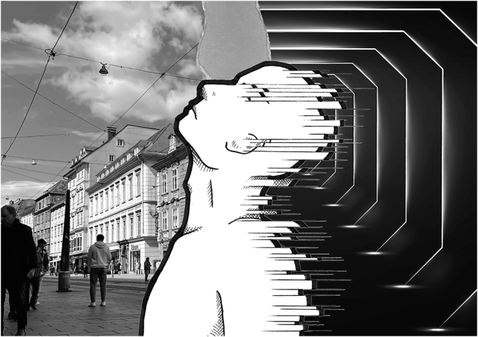 The photo on the left of a modern city street, and the illustration on the right, is of a 3D portal using concentric heptagons moving inward. A left lateral view of a human figure with a head tilted backward is in between them.