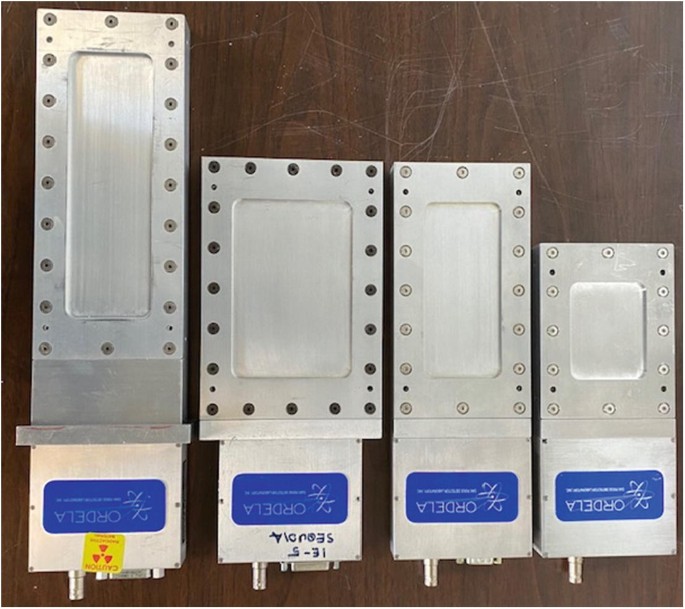 A photo of 4 M W P C beam monitors. They have 4 different monitor sizes.