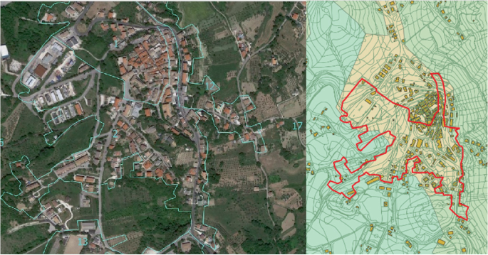 A satellite image on the left indicates the layout of the San Valentino urban region. A contour map of the same on the right highlights the boundaries of the census blocks.