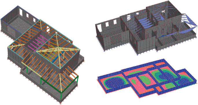 Two, three-dimensional models of a building simulate a wooden roof structure and a spectral image that presents the intensity of the loading.