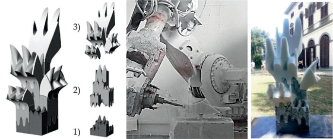 Three photos present the 3 D surface model of the sculpture to be obtained in stages, a robotic arm involved in the milling process of the stone block, and the completed sculpture placed on display. In each stage, the models have a corrugated top surface.