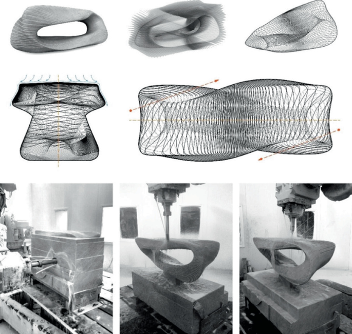 Three images on the top present the 3 D surface model of the mobius strip-shaped sculpture, and the images in the middle present the plan and sectional views of the 3 D surface model. At the bottom are 3 photos of the grinding and milling process of the sculpture from the stone block using machinery.