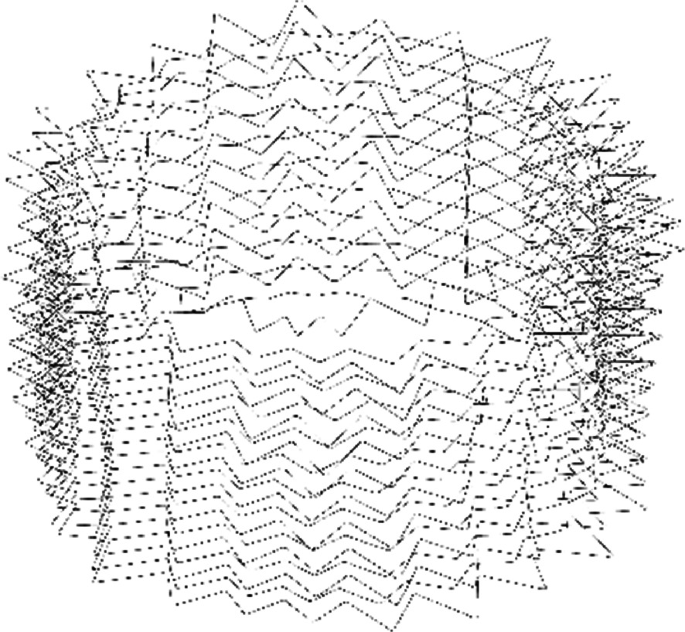 A diagram of a cylindrical structure made of multiple rings with several dotted V-shaped ends arranged together. The rings with the same radii have a circular line and are stacked.