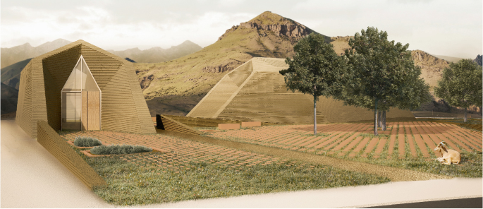 A 3-D stimulation of the 3-D printed vaults in a natural setting with mountains in the background.