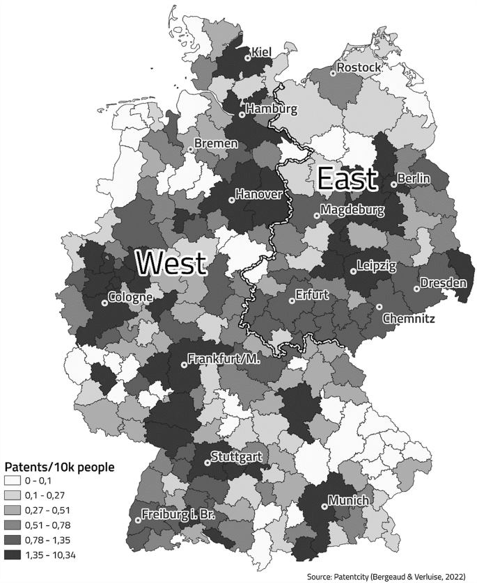A map of East and West Germany highlights places for a range of patents per 10 thousand people, 0 to 0.1, 0.1 to 0.27, 0.27 to 0.51, 0.51 to 0.78, 0.78 to 1.35, and 1.35 to 10.34. The majority of the highest range is in West Germany.