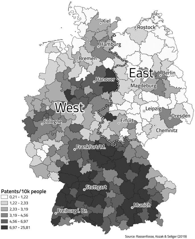 A map of East and West Germany highlights places for a range of patents per 10 thousand people, 0.21 to 1.22, 1.22 to 2.33, 2.33 to 3.19, 3.19 to 4.56, 4.56 to 6.97, and 6.97 to 25.81. The majority of the highest range is in West Germany.
