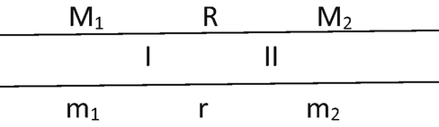 A representation of segments of chromosome. The genes present in the upper strand are M 1, R, and M 2. The genes present in the below strand are m 1, r, and m 2. The Regions 1 and 2 are mentioned in between these two strands.