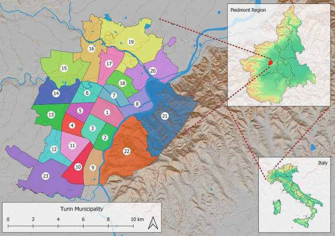 An inset map of Italy at the bottom right marks Piedmont region. An inset map of Piedmont region at the top right highlights Turin municipality. A map of Turin at the left, highlights 23 regions in it.