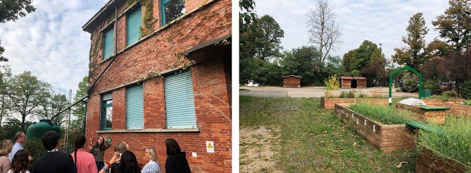 2 photos. 1. A building with creepers growing on it. 2. A garden with in-box gardens small shelters for animals or birds.