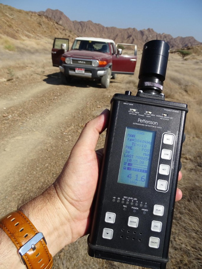 A photo of a bat detector from Pettersson. In the background, there is a car and mountain ranges.