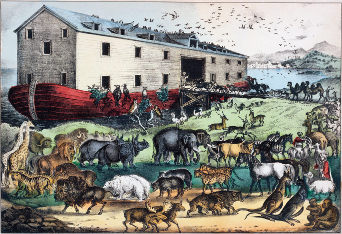An artwork of a large red boat with animals on the shore in the background. The boat appears to be in the middle of a body of water, with the animals gathered around it. The animals are of various species, including elephants, giraffes, zebras, and other animals.