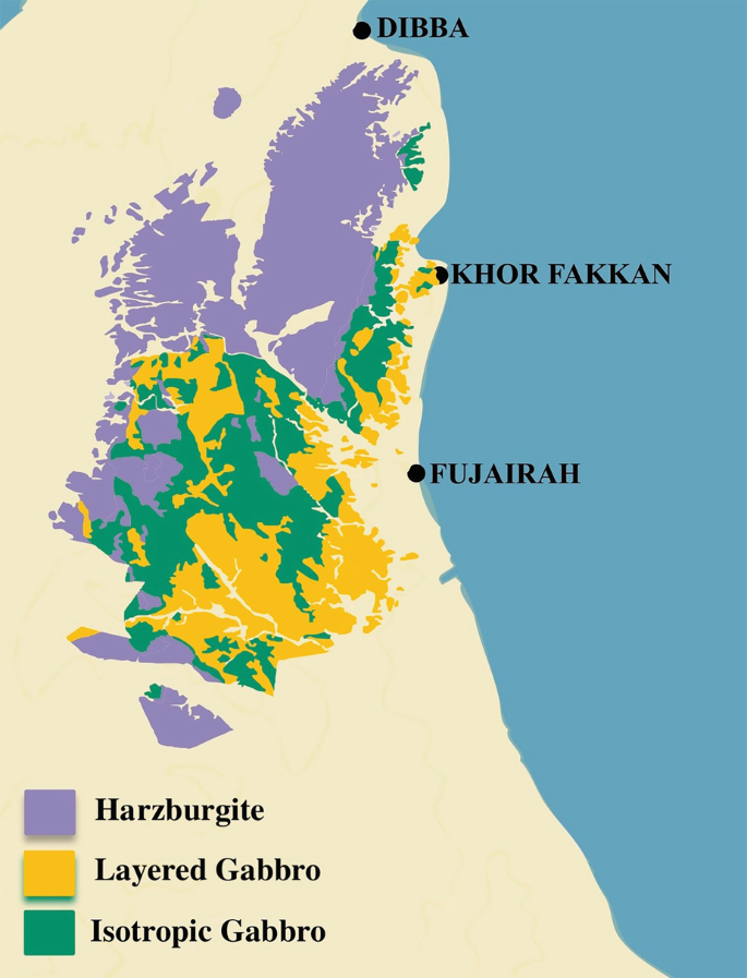 A geological map of the distribution of the principal rock types in Hajar mountain. Harzburgite forms the northern part, Layered Gabbaro forms the southern part and Isotropic Gabbaro forms the central part.