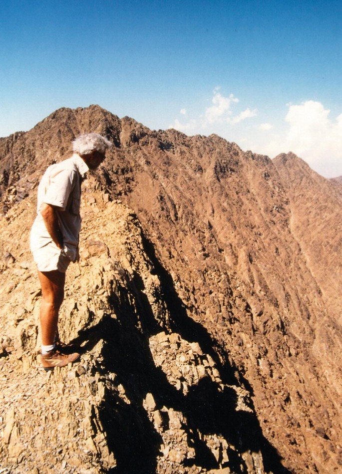 A photograph of a man standing on the edge of a cliff, looking out at the vast expanse of the desert below. The cliff is made of rock and has a steep incline, with the man standing on the edge looking out at the landscape.