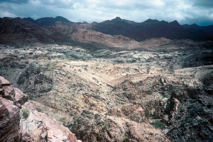 A photograph of a mountainous landscape with rocky terrain and steep cliffs. The sky is cloudy and there are some patches of green vegetation on the rocky surface.