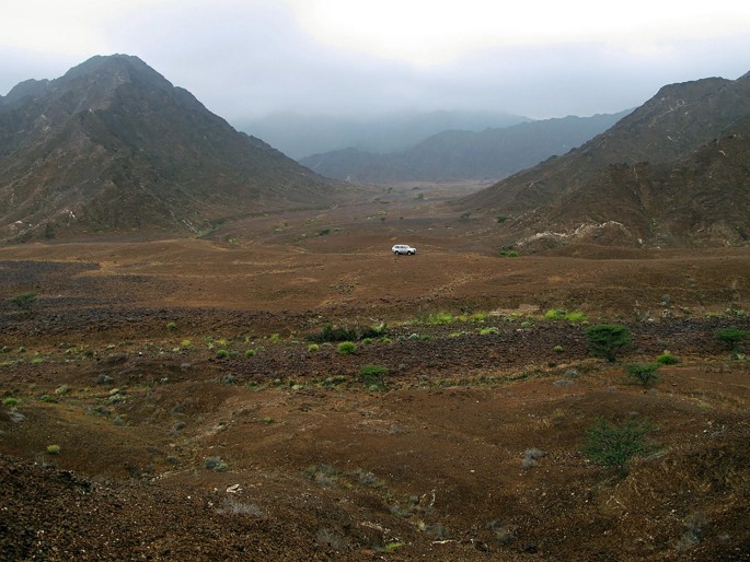 A photograph of a vast, rugged landscape with mountains in the background and a small white vehicle parked in the foreground. The sky is overcast and cloudy, with a few scattered trees and shrubs visible in the distance.