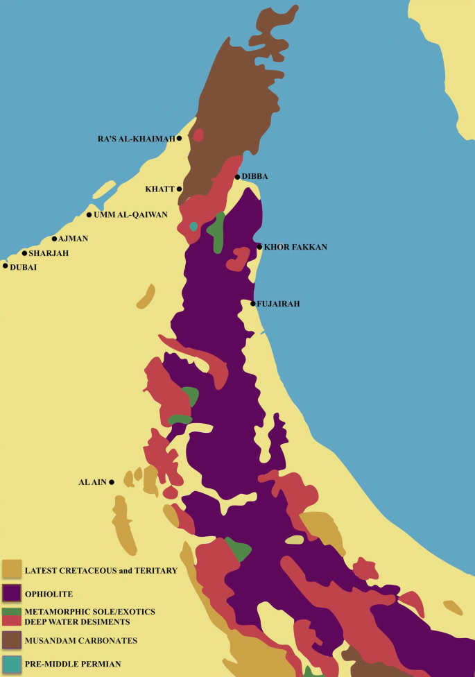 A geological map of the mountain areas of the U A E and northernmost Oman. The latest cretaceous and tertiary areas are in the south, Ophiolite in the east, Musandam carbonates in the north, metamorphic sole and deep water desiments scattered all over and pre-middle permian here and there.