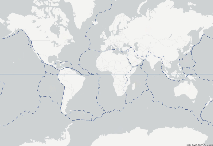 A world map in which the major tectonic plates of the modern earth.