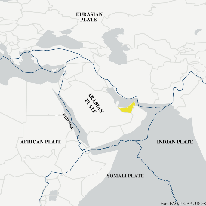 A map of the Middle East with the tectonic plate boundaries. The Arabian plate is present in the Saudi Arabia surrounded by the Eurasian plate in the north, Indian plate in the east, African plate in the west and Somali plate in the south.