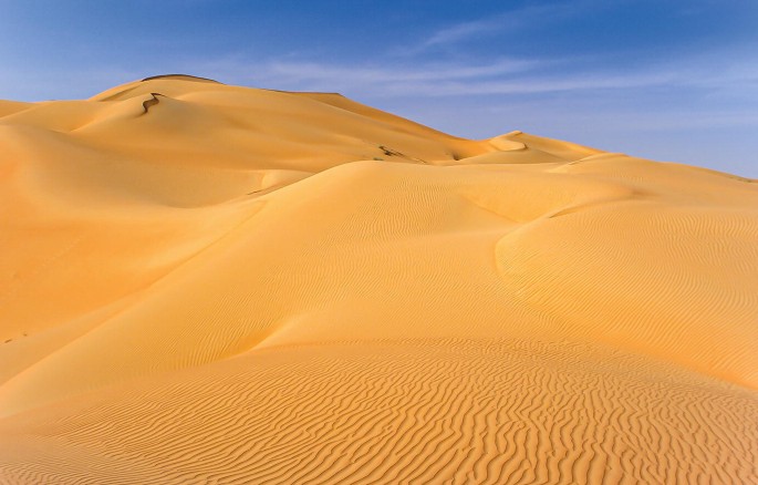 A photograph of sand dunes higher than 20 meters in the far south of the U A E.