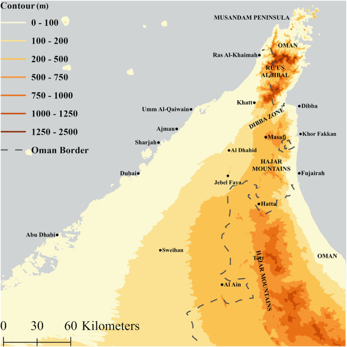 A map of the United Arab Emirates highlights the mountain regions. The areas with the coast are between 0 to 100 meters. The central section lies between the range of 500 to 1250 meters.