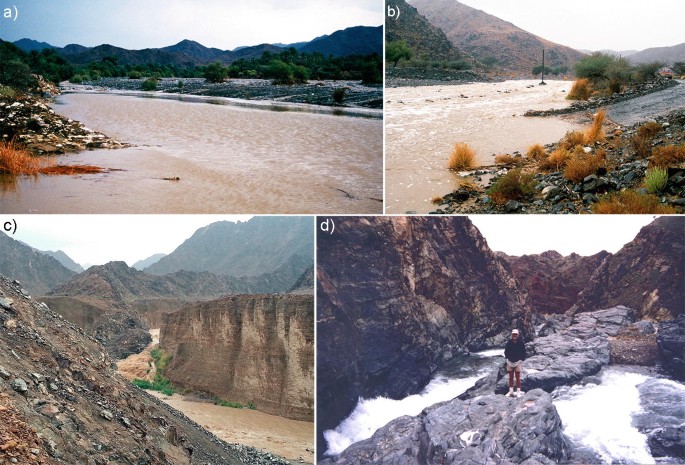 4 photographs. A to D displays mountain wadis during periods of high water flow.