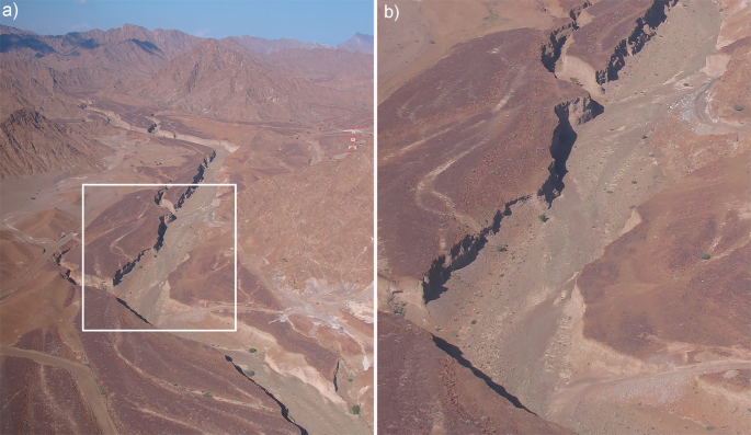 2 photographs. A is an aerial view of a dry riverbed amidst a mountain area. B exhibits a close-up of the riverbed.