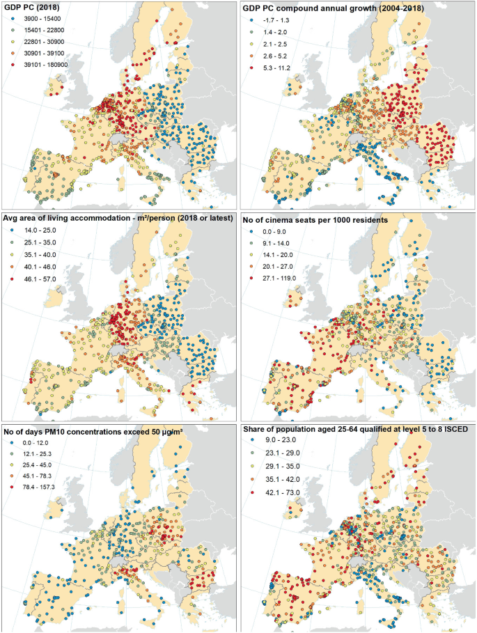 6 maps of Europe with the following markings. G D P, P C 2018. G D P, P C compound annual growth 2004 to 2018. The average area of living accommodation in 2018 or later. The number of cinema seats per 1000 residents. The number of days P M 10 concentrations exceeds 50. Share of people aged 25 to 64.