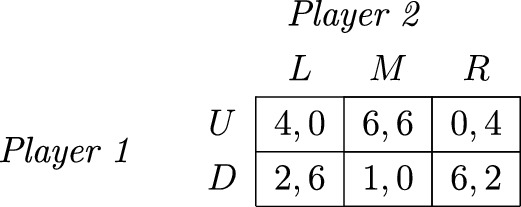 A table describes a scenario with two players, Player 1 and Player 2, and their respective strategies U and D and L, M, R. Entries are (4, 0), (6, 6), (0, 4), (2, 4), (1, 0) and (6, 2).