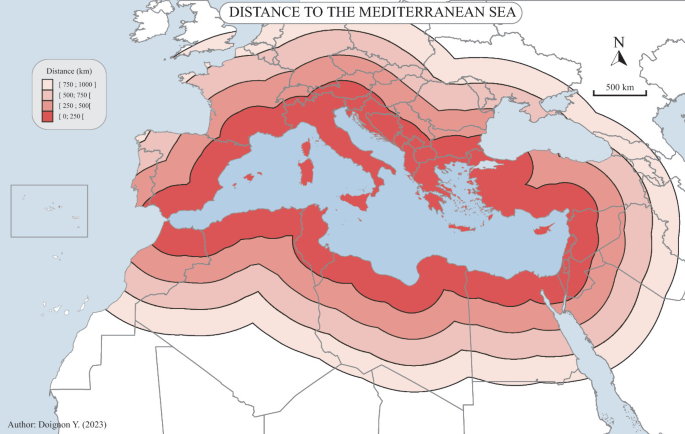 A contour map represents the distance to the Mediterranean Sea on a scale of 500 kilometers. The distance ranges from 0 to 1000 kilometers.
