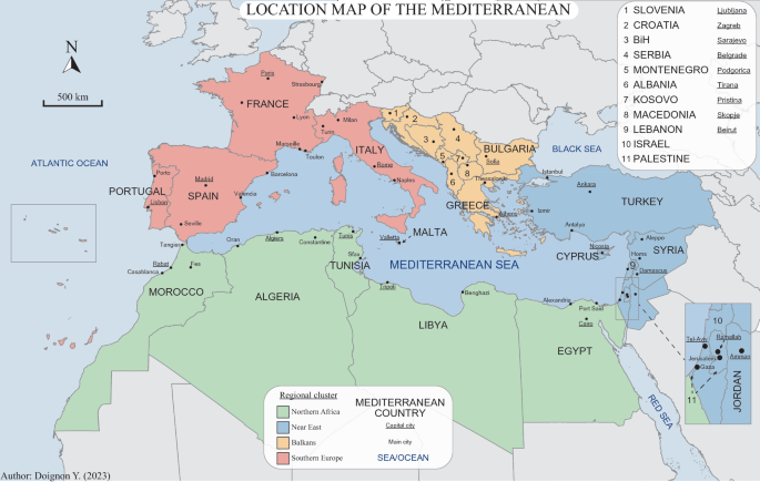A location map of the Mediterranean region marks various countries, capital cities, main cities, sea or ocean, and regional clusters. The main clusters are northern Africa, the near east, the Balkans, and Southern Europe.