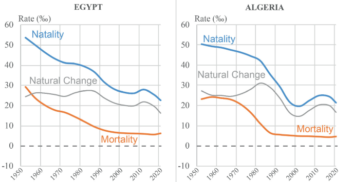 2 multi-line graphs of demographic transition in Egypt and Algeria from 1950 to 2020, for 3 categories. Natality and natural change have descending peaks for both while mortality has a concave up decreasing trend for Egypt and a concave down concave up decreasing trend for Algeria.