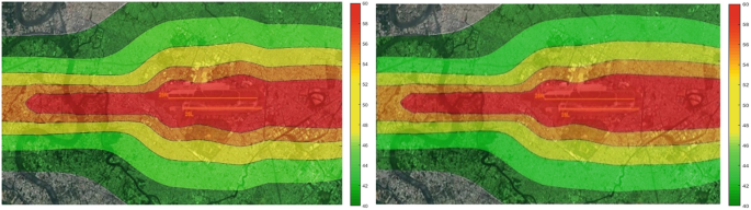 A set of 2 contour maps, I C A O A on the left and I C A O B on the right, depict flight operations at the Tan Son Nhat International Airport. Both maps have higher intensity at the center and lower intensity at the outer side.