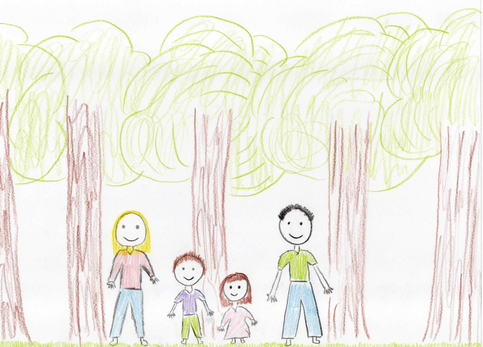A drawing. It has a boy and a girl with a man and a woman.