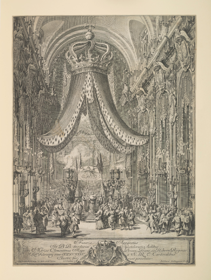 A painting portrays the court's parish church. Within it, the deceased queen lies on a highly elevated crowned canopy. Onlookers surround the scene, their attention directed upward to view the queen.
