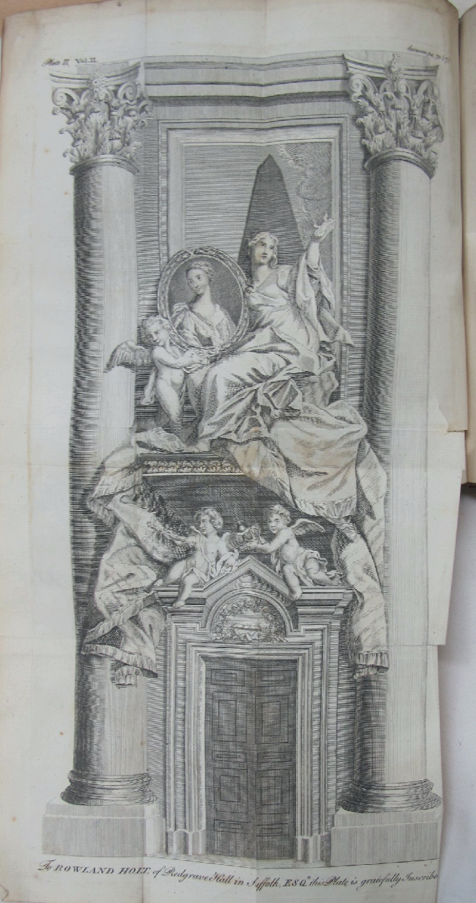 A photo of a book presents the drawing of the monument to Clementina Sobieska within the grandeur of Saint Peter's Basilica.