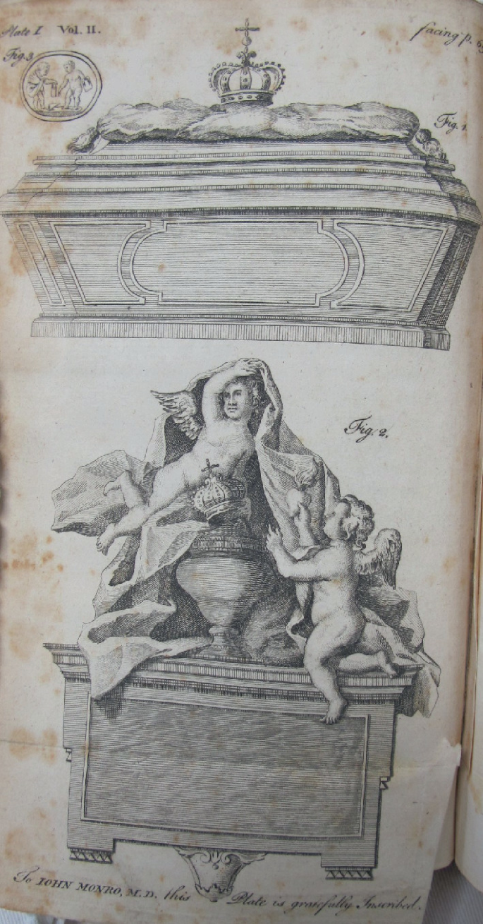 A photo of a book's page with two drawings. Top, is the sketch of a tomb with a crown placed on a crown cushion at its top. Bottom, the sketch of two angels over a box, with one angel holding a long cloth and the crown and another holding up a fruit.
