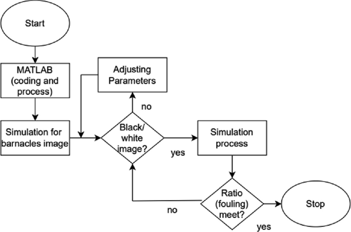 A flowchart of MATLAB programming. It begins with MATLAB coding and process followed by simulation for barnacles image, a conditional statement black/white image, if it's no it leads to adjusting parameters and repeating the step. If yes, it lead to a simulation process and a conditional statement ratio fouling meeting? If yes, it ends the flow chart. If no, it leads to the conditional statement black/ white image.