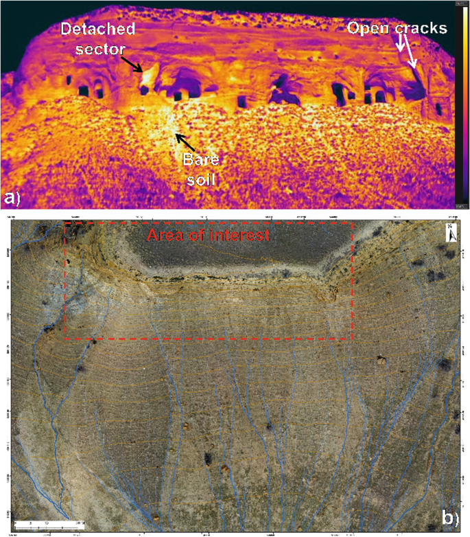 A thermograph and an aerial image. The thermograph illustrates the surface temperature of the maps with open cracks, detached sectors, and bare soil. The aerial image provides U A V D P data for the region.