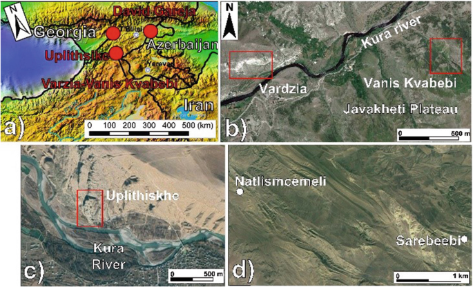 4 maps of different locations illustrate 4 sites labeled from a to d. A. A location is highlighted at a higher scale. B highlights Vardzia-Vanis Kvabeb. C is Uplithsike and d is David Gareja.