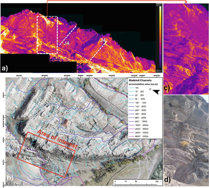 2 thermographs and 2 images. A and c are the thermographs that show I R T data for the Uplistsikhe western cliff and I R T of the ephemeral stream. B and d illustrate the drainage network and a J 4 fracture image.