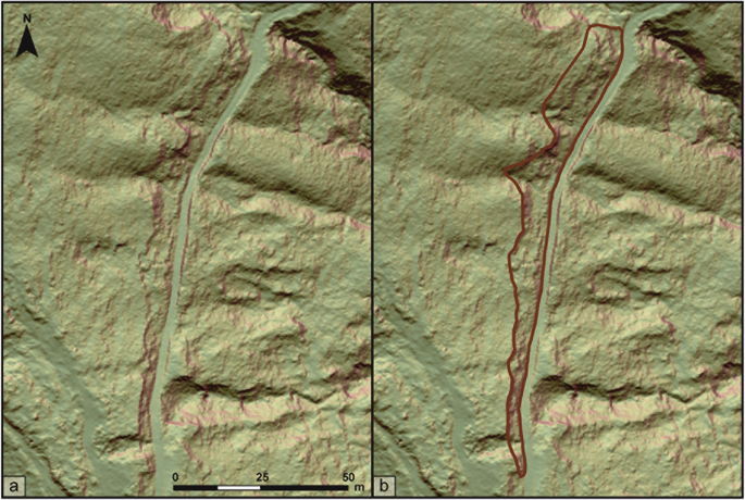 2 mapping images of the study area. A and B are two interpretations of unstable slopes with two different types of landslides.